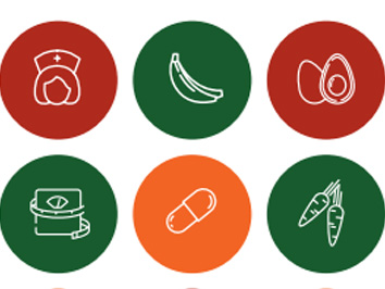 Infographic images of health icons like nurse, bananas, avocado, scale, pill and carrots.