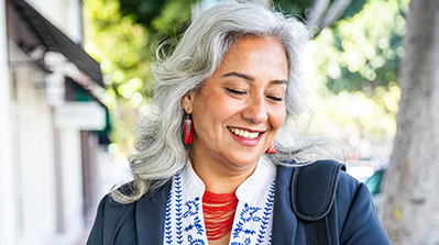 Female member reviewing retirement information.