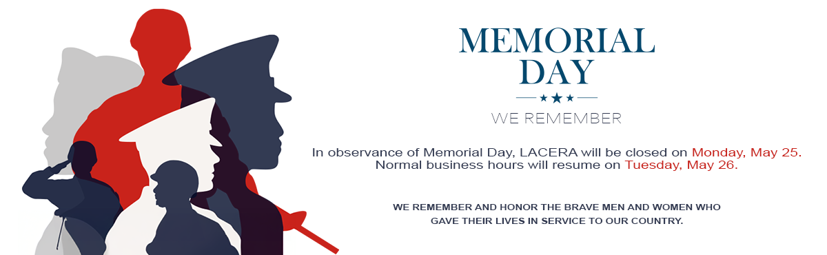 Memorial Day message with silhouettes of service members. LACERA closed Monday, May 25; normal business resumes Tuesday, May 26.