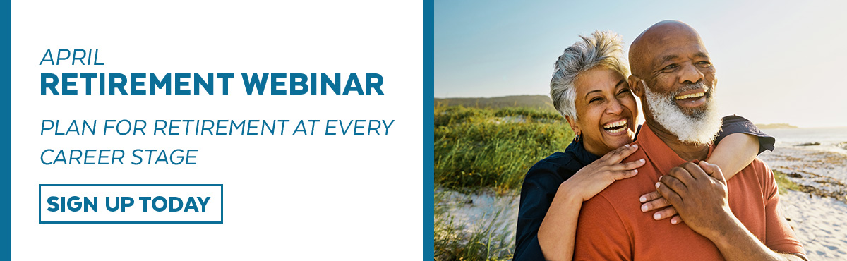Banner promoting a retirement planning webinar with signup button and a mature couple in an outdoor daytime setting at the beach.