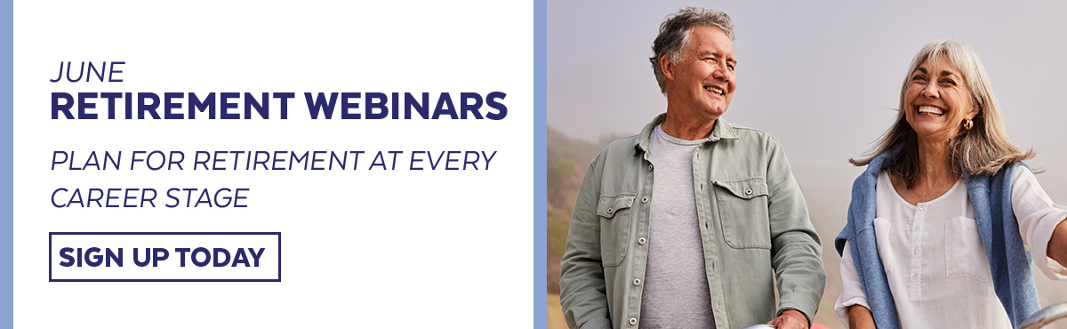 June Retirement Webinar promotional banner with people outdoors.