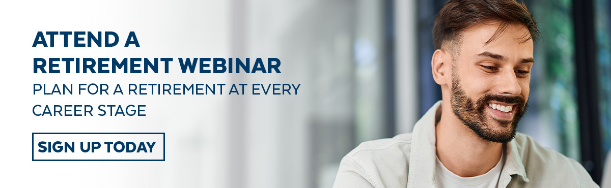 Banner promoting a retirement planning webinar with signup button and a professional seated in an office setting.