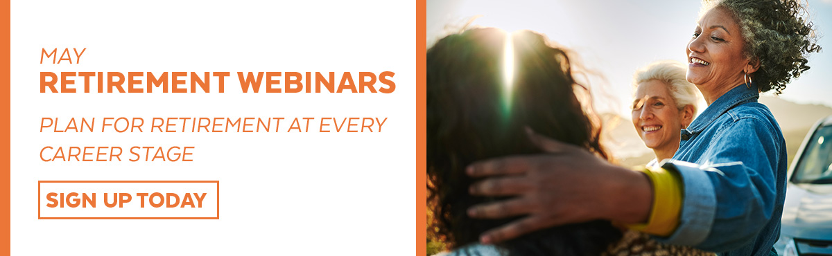May Retirement Webinar promotional banner with people greeting each other outdoors.