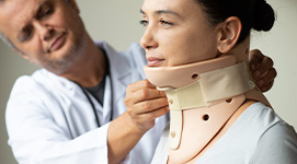 Doctor adjust neck brace on woman.