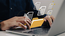 Member using laptop to access documents. Image overlay of document and folder icons.