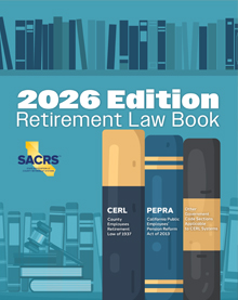 Cover for 2026 Edition Retirement Lawbook. Infographic of a wall of books with an open book in front.