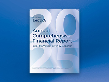 Blue back ground with a brochure cover that says, "LACERA 2025 Annual Comprehensive Financial Report.