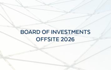 Cover slide titled “Board of Investments Offsite 2026” on a light gray geometric background.