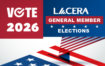 Red, white, and blue graphic reading “Vote 2026” and “LACERA General Member Elections,” featuring abstract American flag elements.