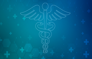 Blue background with medical crosses and the Caduceus appearing front.