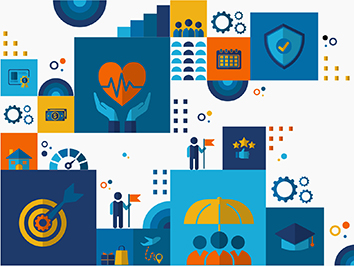 Illustration representing business operations, security, analytics, planning, and workforce development.