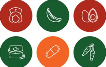 Infographic images of health icons like nurse, bananas, avocado, scale, pill and carrots.