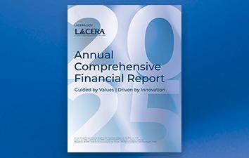 Blue back ground with a brochure cover that says, "LACERA 2025 Annual Comprehensive Financial Report.