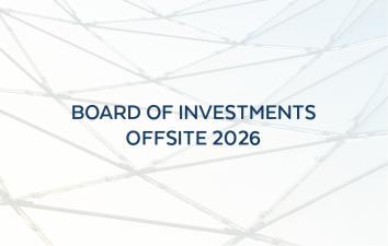 Cover slide titled “Board of Investments Offsite 2026” on a light gray geometric background.