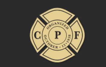 Circular gold emblem logo of California Professional Firefighters with a Maltese cross design, featuring the letters C, P, and F around the center and the words “Organized October 11, 1873.”