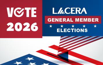 Red, white, and blue graphic reading “Vote 2026” and “LACERA General Member Elections,” featuring abstract American flag elements.