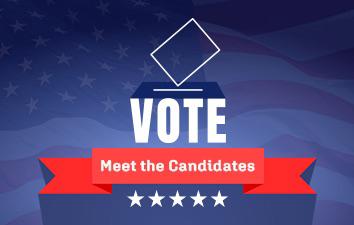 "Vote graphic featuring a red ribbon with the text 'Meet the Candidates' on a blue patriotic background with stars and election-themed imagery."