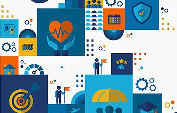 Illustration representing business operations, security, analytics, planning, and workforce development.
